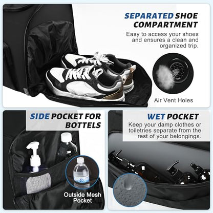 Wohlbege Travel Duffel Bag 55L, Carry On Gym Bag with Shoe Compartment & Wet Pocket, Water Resistant Weekender Overnight Bag with Luggage Sleeve for Men Women