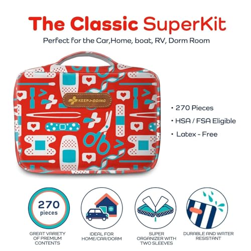KeepGoing Large Home First Aid Kit for Kids – 270 Pc. for Car, Home, Dorm, & Boat with Latex-Free Bandages – 10 x 7 x 3.5 in. Travel First Aid Kit (The Classic) - style: The Classic