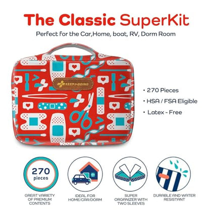 KeepGoing Large Home First Aid Kit for Kids – 270 Pc. for Car, Home, Dorm, & Boat with Latex-Free Bandages – 10 x 7 x 3.5 in. Travel First Aid Kit (The Classic) - style: The Classic