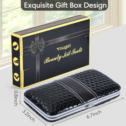 Yougai Nail Clippers Set - 18 Pcs Professional Manicure Pedicure Kit Gifts for Fathers Day Men Women, Stainless Steel Fingernail Toenail Cutters, Nail Care Grooming Tools with Leather Travel Case - color: Black