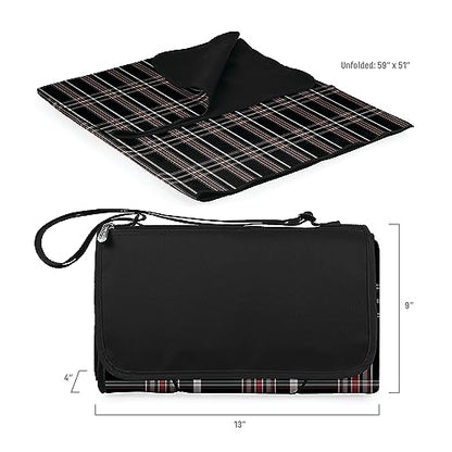 PICNIC TIME Outdoor Picnic Blanket Tote, 59"x51" Foldable Beach & Camping Blanket with Soft Fleece, Water-Resistant Bottom, Adjustable Strap & Zippered Pocket (Black Tartan, Black Flap) - color: Black Tartan