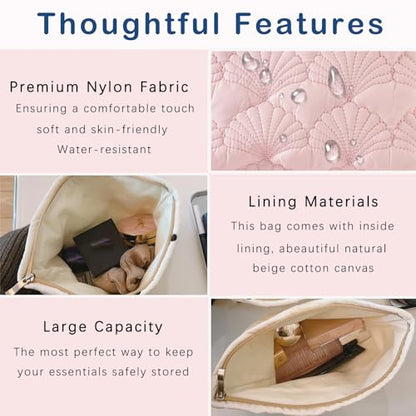 uekeboag Pink Quilted Cotton Makeup Pouch,Coquette Quilted Toiletry Bag for Women and Girls, Floral Coquette Organizer Bag, Aesthetic Travel Cosmetic Bags(Pink Shells) - color: Pink Shells