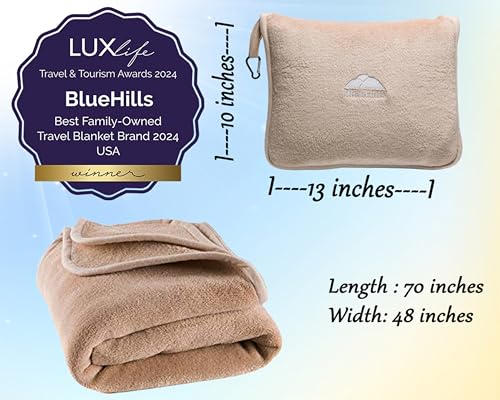 BlueHills Premium Soft Tall Travel Blanket Pillow for Airplane Traveling Essentials Long Flight Trip Throw in Bag case with Backpack Clip Compact Large Plane Accessories Beige T053 - color: Beige-long-t053