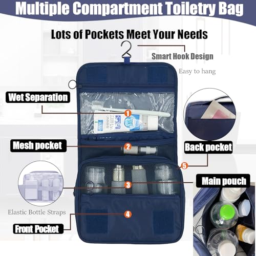 L&FY Hanging Travel Toiletry Bag Women's Cosmetic Organizer Makeup Pouch Men's Dopp Kits With Handle(Navy) - color: Navy, size: Compact Size