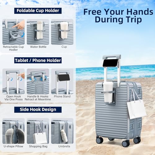 HanTrip 20 Inch Carry on Luggage 22x14x9 Airline Approved Hard Shell Suitcases with Wheels, Top Opening Expandable Carry on Luggage with Cup Holder Small Rolling Suitcase with Lock, Silver - color: Arctic Silver, size: Expandable 20 Inch