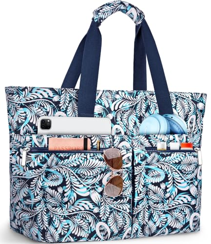 HUANLANG Large Beach Bags for Women Pool Bag with Zipper, Waterproof Sandproof Beach Tote Travel Bag with Wet Pocket - color: Blue Floral