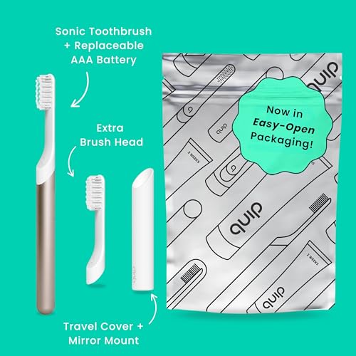 Quip Metal Sonic Electric Toothbrush for Adults - Time Travel & Soft Bristles with Travel Case & Replacement Brush Head - 3 Month Battery Life, Dawn Peach Gold - color: Dawn Peach Gold