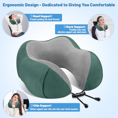CloudBliss Travel Pillow for Airplane, Memory Foam Neck Pillow for Travel, Compact Flight Pillow with Eye Mask, Earplugs, Carry Bag,Travel Neck Pillow for Long Flight Sleep, Plane Accessories, Green. - color: Green