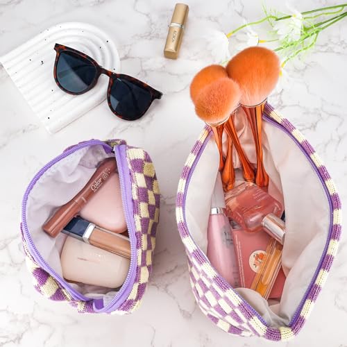 ZLFSRQ 2Pcs Checkered Makeup Bag for Women Large Small Checkered Cosmetic Bag Set Aesthetic Preppy Pencil Case Cute Pencil Pouch Purple Makeup Pouch for Purse Travel Toiletry Bags Zipper Skincare Bags - color: B-Checkered 2Pcs Mix Purple