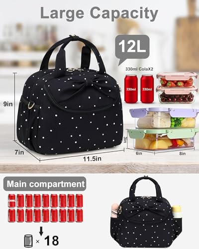 Bluboon Lunch Box for Women, Large Insulated Lunch Bag with Shoulder Strap, Adult Lunch Tote Teacher Nurse, Bow Lunch Cooler Gifts for Work Picnic Travel, Black (Black White Dots) - color: Black White Dots