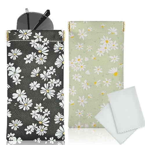 Glasses Case Soft, Eyeglass Cases for Women Portable Squeeze Top PU Leather 2 Pack Glasses Pouch with Cleaning Cloth - color: 2pcs Black Daisy+green Daisy