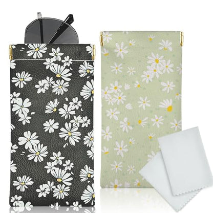 Glasses Case Soft, Eyeglass Cases for Women Portable Squeeze Top PU Leather 2 Pack Glasses Pouch with Cleaning Cloth - color: 2pcs Black Daisy+green Daisy