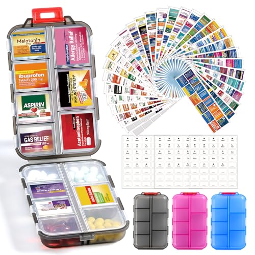 3 Pack 14 Grids Travel Pill Organizer Box with 415-Pcs Medicine Name Labels - Pocket Daily Pharmacy Case Container Kit - Travel Medication Holder Dispenser for Fish Oil Vitamin Supplement - Clear - color: Clear-blue+pink+grey, size: with Bulk Med Labels