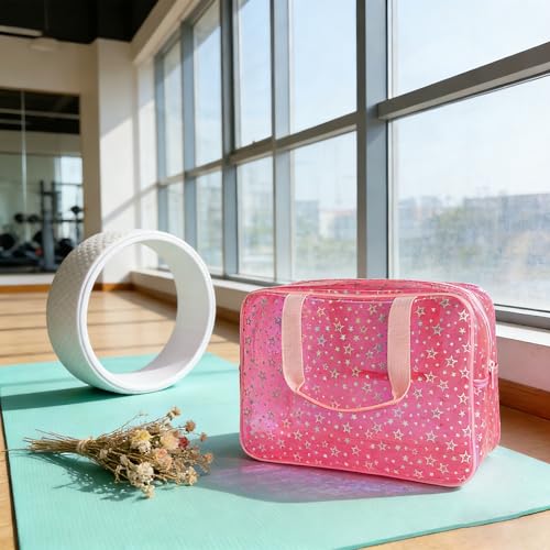 Clear Star Large Cosmetic Bag and Travel Pouch with Handle,Durable Material,Zipper Design-Ideal for Makeup,Travel Essentials (Pink+Shiny Star) - color: Pink+Shiny Star