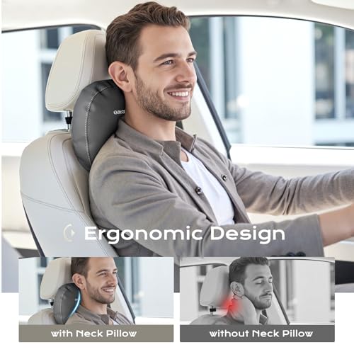Coverado Leather Car Headrest Pillow Car Neck Pillow with Adjustable Strap, Head Support Rest Driver Relax Head Muscles Relieve Driving Fatigue, Breathable & Removable Cover, Gray - color: Gray, size: 1 Piece
