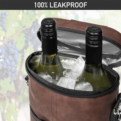 opux 2 Bottle Wine Carrier Tote, Insulated Leakproof Wine Cooler Bag, Wine Travel Bag for Picnic BYOB Beach, Portable Wine Bottle Carrying Case, Gift for Wine Lover Women Men Christmas, Brown Leather - color: Rustic Brown