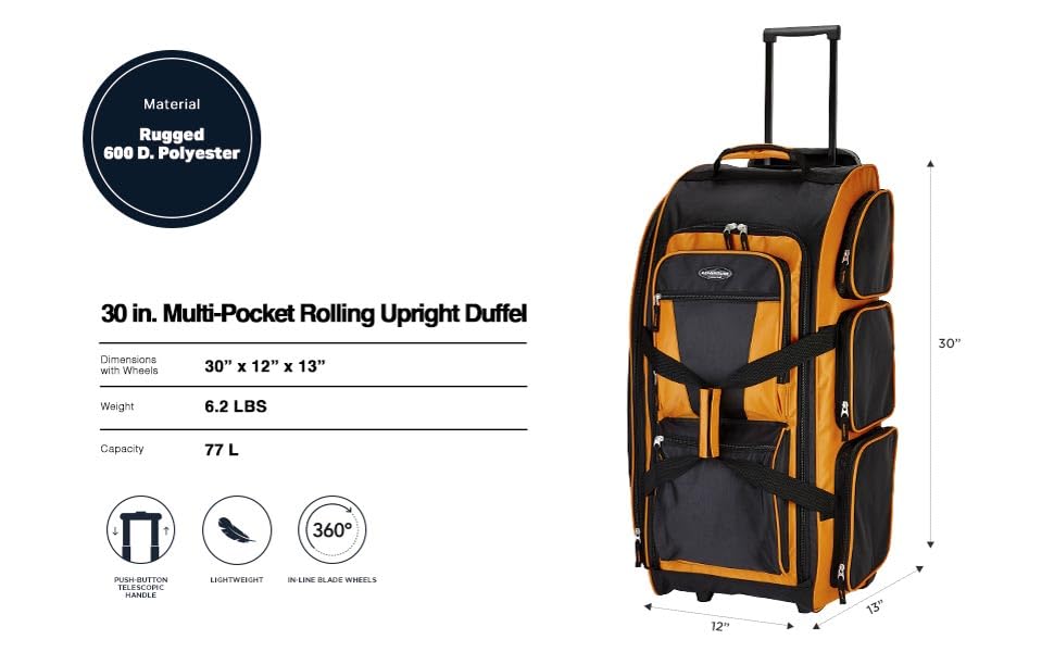 Travelers Club Xpedition 30 Inch Multi-Pocket Upright Rolling Duffel Bag - color: Burnt Orange