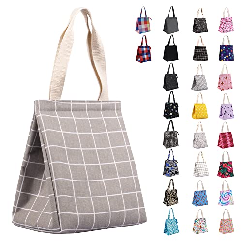 iknoe Insulated Lunch Bag for Women & Adults, 9L Foldable Wide-Open Cooler Bag with Pockets, Leakproof & Portable, for Picnic, Office, Beach(Gray grid) - color: Grey Plaid, size: Velcro Closure
