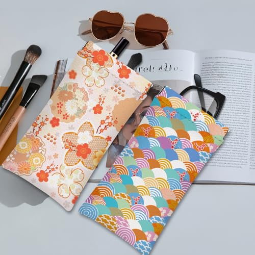 Eyeglasses Sunglasses Case PU Soft Squeeze Top Glasses Pouch for Women Men,Floral Pattern Portable Anti Scratch - color: Pink+yellow