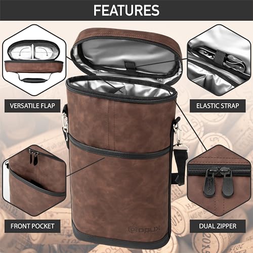opux 2 Bottle Wine Carrier Tote, Insulated Leakproof Wine Cooler Bag, Wine Travel Bag for Picnic BYOB Beach, Portable Wine Bottle Carrying Case, Gift for Wine Lover Women Men Christmas, Brown Leather - color: Rustic Brown