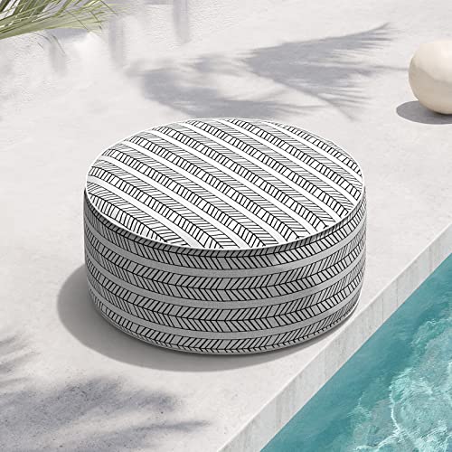 Indoor/Outdoor Inflatable Ottoman D21 x H9 inch, Round Footstool Inflatable Foot Rest Ottoman with Handle, Portable Ottomans Pouf for Patio, Garden, Camping, Home, Herringbone Black White - color: Herringbone Black White, size: 21"D x 21"W x 9"H