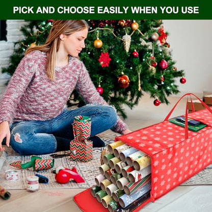 Christmas Wrapping Paper Storage Containers,40 Inch Gift Wrapping Organizer Storage,Fits 20 Standard Rolls of Wrapping Paper,Breathable Fabric, Square - color: red-40in-1p