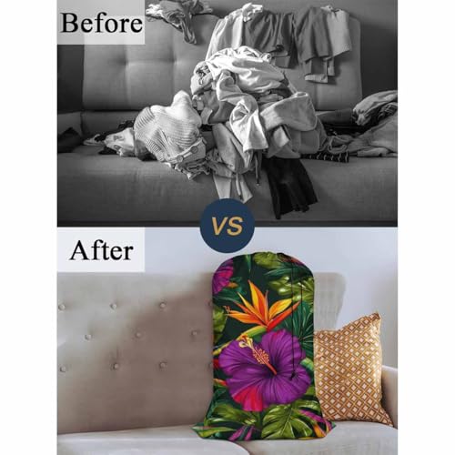 Swono Tropical Flowers Drawstring Closure Dirty Clothes Bag Organizer, Heavy Duty Large Laundry Bag, Floral Pattern Botanical Hibiscus Palm Leaf Bird Summer Rip-Stop Bags for Camp Travel - color: Tropical Flowers