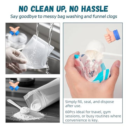 60PCS Disposable Powder Travel Size Containers with Scoop and Pouch, Single-Serve Powder Travel Container Bags for Protein, Supplements and Drink Mixes & Portable Powder Container to Go