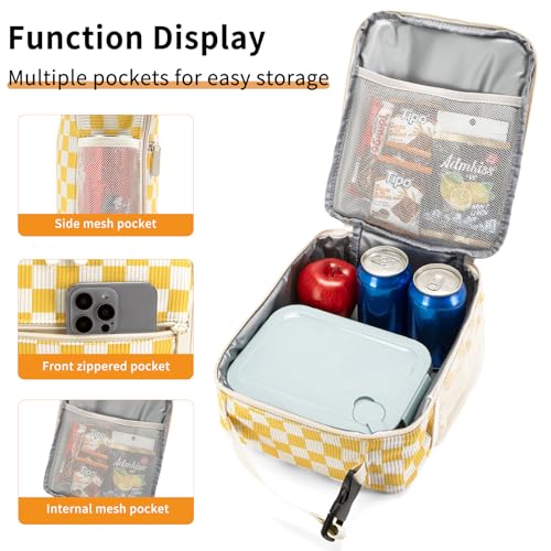 Lunch Box for Women Men Adult Insulated Lunch Bag Women Men Small Reusable Lunchbox for Work Picnic Travel (Beige-Yellow Plaid) - color: Beige-Yellow Plaid