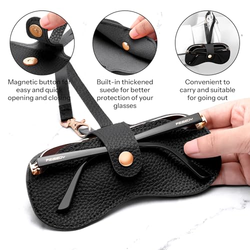 FEISEDY Soft Leather Sunglass Case-Slim Portable Glasses Holder with Button-Closure Wrist Strap for Travel & Outdoor B0308 - color: Black
