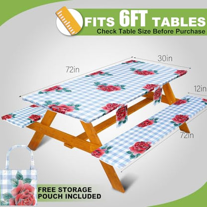 Fitted Picnic Table Cover with Bench Covers Set, Waterproof Lightweight Rectangle 72in Folding Table Cloths Canopy Shade Slipcover Cool Unique Fun Camping Gift for Camper Women Men Family Rv Owners - color: Blue Plaid Rose, size: 72in