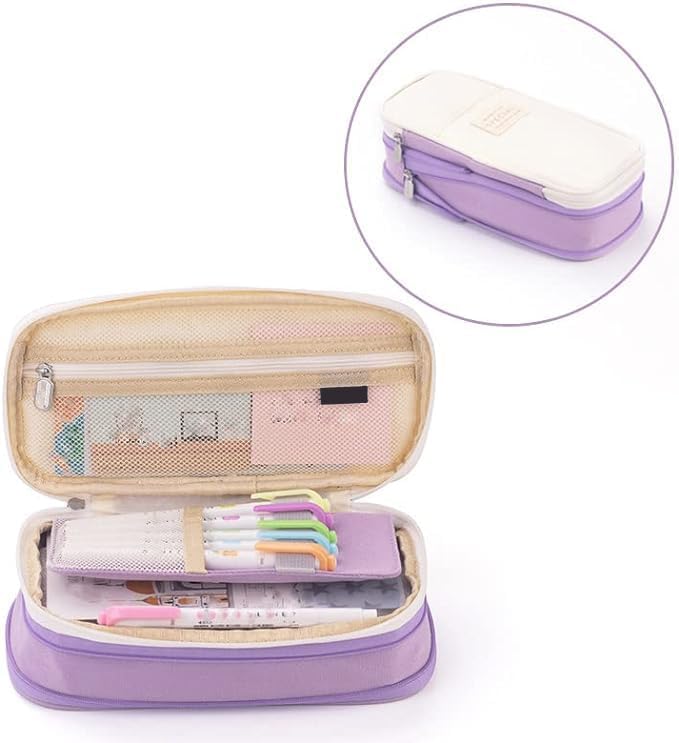 Arnuixty Large Storage Pencil Case Pen Bag with Zipper Big Capacity Pouch Organizer for Office Travel Holder Box - color: Purple