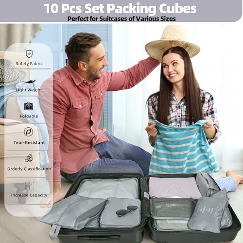 10 Pcs Set Packing Cubes - Travel Packing Organizers, Expandable Suitcase Organizer, Luggage Organizer Bags - color: GREY