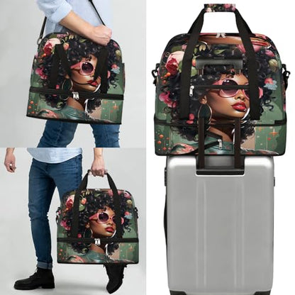 Travel Duffle Bags With Shoes Compartment for Women Men African Women Lightweigh Sports Tote Gym Bag Fashion Foldable Canvas Weekender Overnight Carry On Luggage Handle Bag - color: A10:Women Cool
