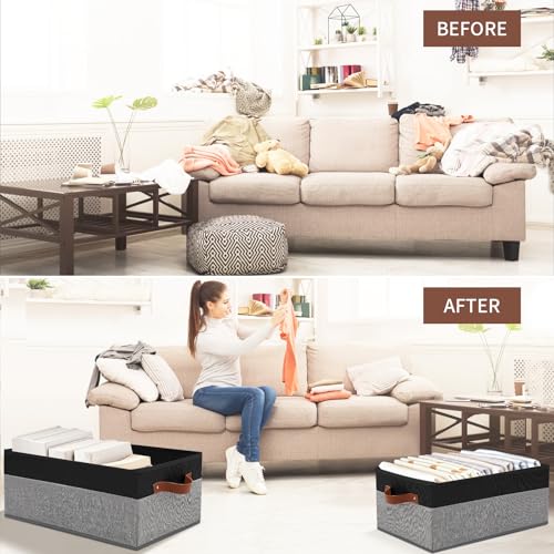 3 Pack Large Capacity Storage Bins Closet Organizer for Shelves, Fabric Closet Storage Baskets Boxes with Leather Handles for Organizing Clothes, Sheets, Jeans, Toys, Books (Black and Grey) - style: 3 Pack Black & Grey