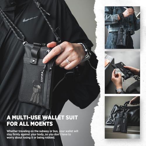 VULKIT RFID Blocking Travel Wallet for Men Women, Water Resistant Passport & Phone Holder with Detachable Lanyard and Key Ring, Lightweight Zipper Travel Wallet - color: Black