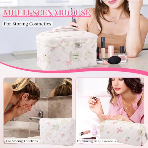 3PCS Coquette Makeup Bag,Quilted Cosmetic Bag Large Make Up Bag Set,Quilted Portable Toiletry Organizer Bag,Cotton Travel Skincare Bag for Women Girls (05-Pink Rabbit) - style: 05-pink Rabbit