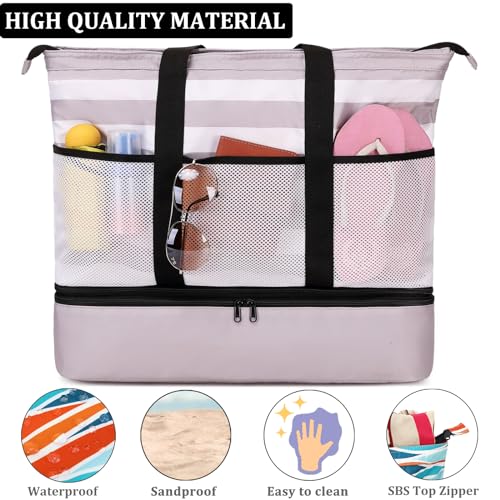 JIANYA Beach Bag Women Waterproof Sandproof Beach Tote Bags with Cooler Top Zipper Large Totes for Pool Travel Daily - color: Shallow Coffee Stripes