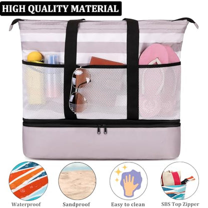 JIANYA Beach Bag Women Waterproof Sandproof Beach Tote Bags with Cooler Top Zipper Large Totes for Pool Travel Daily - color: Shallow Coffee Stripes