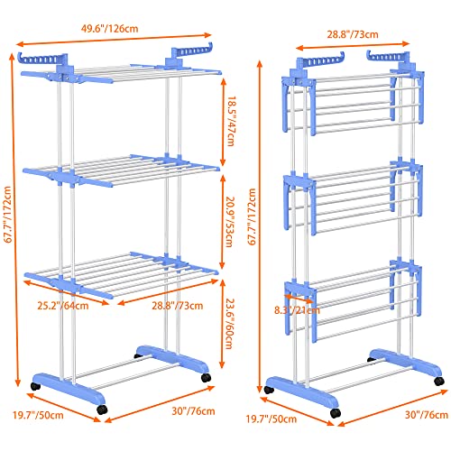 HOMIDEC Clothes Drying Rack, Large 4-Tier Foldable Drying Rack Clothing (67.7H x 19.7W x 30L Inches), Movable with 4 Castors. Multifunctional Stainless Steel Laundry Drying Rack, Blue - color: Blue