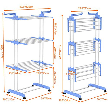 HOMIDEC Clothes Drying Rack, Large 4-Tier Foldable Drying Rack Clothing (67.7H x 19.7W x 30L Inches), Movable with 4 Castors. Multifunctional Stainless Steel Laundry Drying Rack, Blue - color: Blue