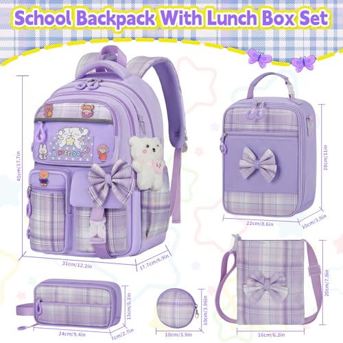 Girls Backpack with Lunch Box Set, 5pc Purple Cute Kawaii Bookbag for Teens, Aesthetic School Backpack for Elementary - color: Purple