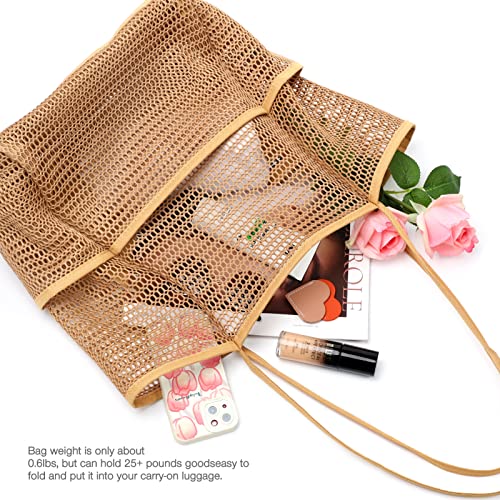 KPX Beach Bag with Mini Pocket, Summer Beach Tote Bags for Women Large Foldable Mesh Swimming Pool Travel Bags - Sandproof - color: Khaki