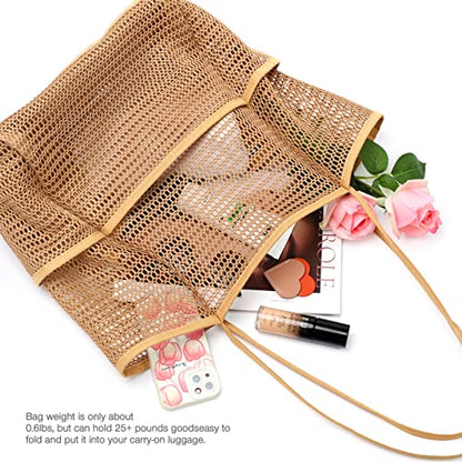 KPX Beach Bag with Mini Pocket, Summer Beach Tote Bags for Women Large Foldable Mesh Swimming Pool Travel Bags - Sandproof - color: Khaki