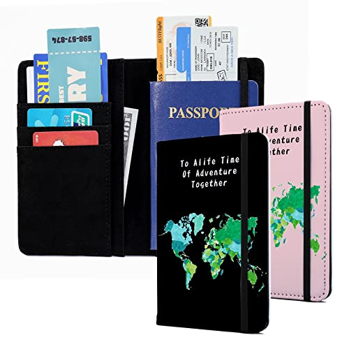 Passport Book Holder,Passport Wallet for Men Mr and Mrs Passport Holder for Women Passport Cover World Map Passport Case for Couples Christmas Traveling Passport Book Protector 2PCS - color: Black Powder Map-2pcs
