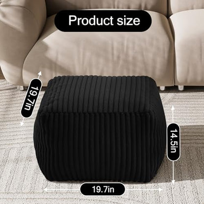 MeMoreCool Square Stuffed Pouf Ottoman Foot Rest, Stripe Furry Floor Pouf Foot Stool with Foam Chunk Filling, Soft Fluffy Stuffed Ottoman Footrest for Living Room, Faux Fur Black - color: Ribbed Black