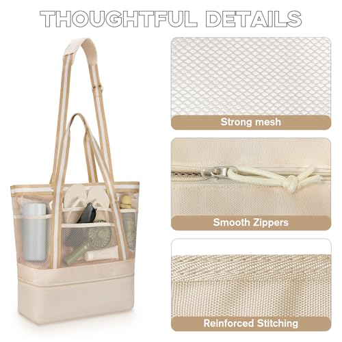 WOOMADA Beach Tote Bag With Cooler, Large Mesh Beach Bags for Women with Wet Pocket, Pool, Swim, Travel Essentials - color: Beige