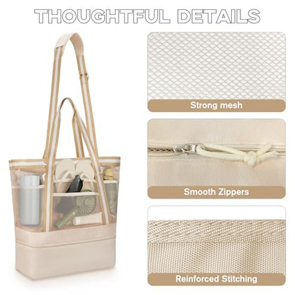 WOOMADA Beach Tote Bag With Cooler, Large Mesh Beach Bags for Women with Wet Pocket, Pool, Swim, Travel Essentials - color: Beige