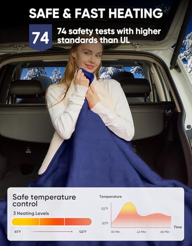 12V/24V Heated Car Blanket, Machine Washable Electric Blanket, Flannel Heating Throw for Car, SUV, RV Camping, 60" x 44", Hi/M/Lo Heating Settings, 30/45/60 Min Auto-Off Timer,Navy Blue - color: Navy Blue