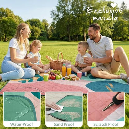 Exclusivo Mezcla Extra Large Waterproof Picnic Blankets 3 Layer, Sandproof and Foldable Outdoor Blanket for Beach Camping, Park and Travel - color: Green Leaf